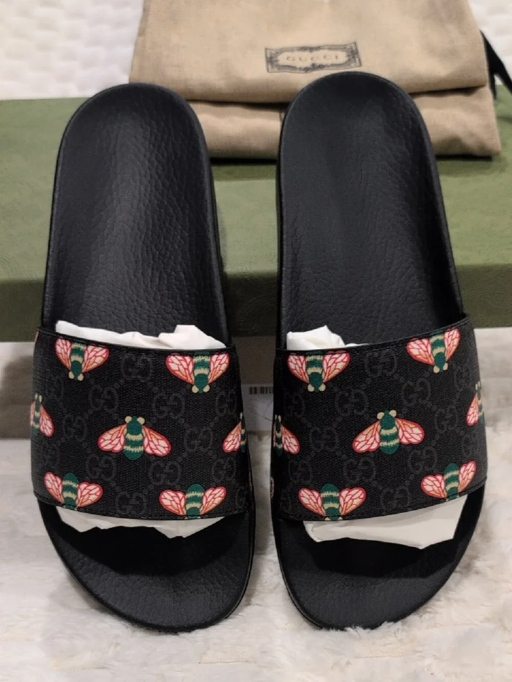 UK10 Gucci Black GG Bee Print Men’s Slide Sandals